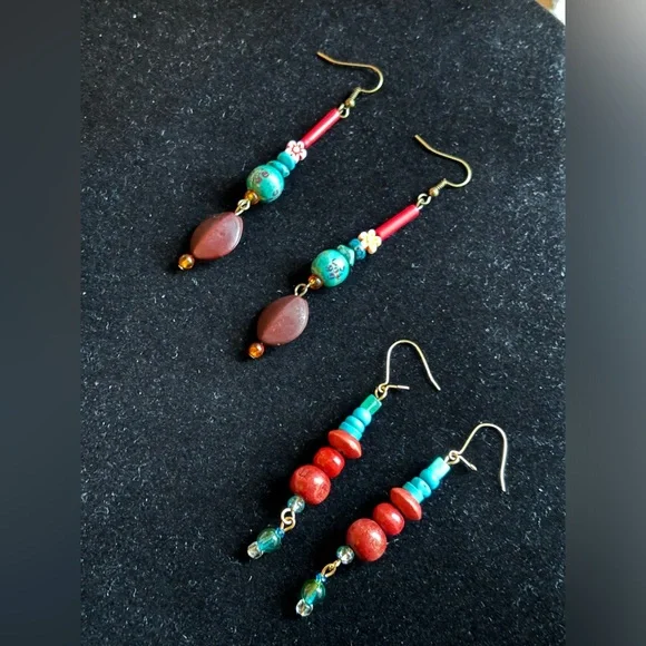 Tiki Time dangle earrings made with coral, wood, ceramic and turquoise. - Picture 2 of 3